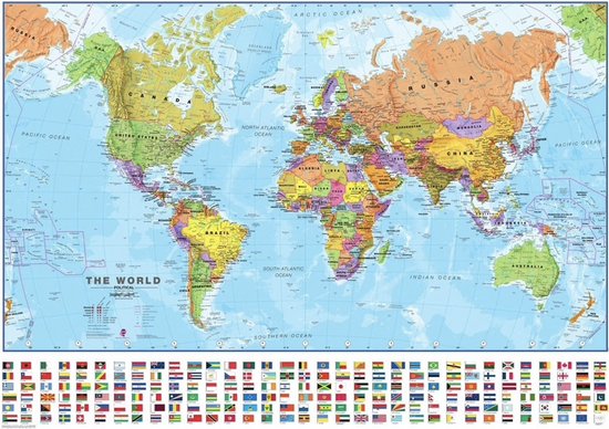 Grote Wereldkaart - Blauw - Landkaart - Schoolkaart - Schoolplaat - Kaart - Atlas - 150 x 100 CM - Wanddecoratie - Extra Groot - Kwaliteit - Design - Poster - Om aan de muur te hangen - Wereld Kaart - Land Kaart - Continenten - XXL