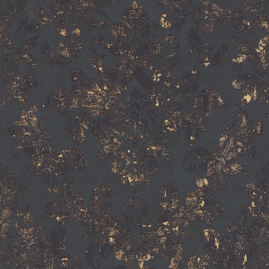 Barok behang Profhome 374132-GU vliesbehang licht gestructureerd in barok stijl mat zwart goud 5,33 m2