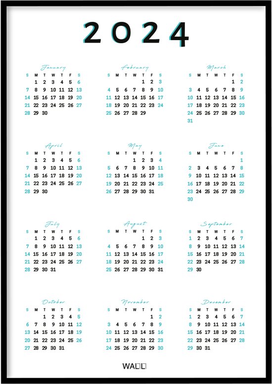 Poster Jaarkalender blauw 2024 - Kalender poster - 30x40 cm - Exclusief lijst - WALLLL