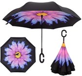 Smartplu - Grote Storm Paraplu - Zwart met Paarse Bloem. De omkeerbare innovatieve, ergonomische stormparaplu - 105cm - 12288-E