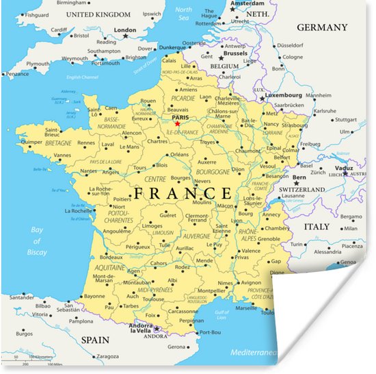 Kaart van Frankrijk 100x100 cm - Foto print op Poster (wanddecoratie woonkamer / slaapkamer)