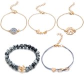Bracelet Perles dames - Bracelet infini - Ensemble de bracelets dames - Ajustable - Tour de poignet 17 cm - 21 cm - Ensemble de bracelets dames / femmes / filles - Ensemble de bracelets en acier Goud 5 pièces