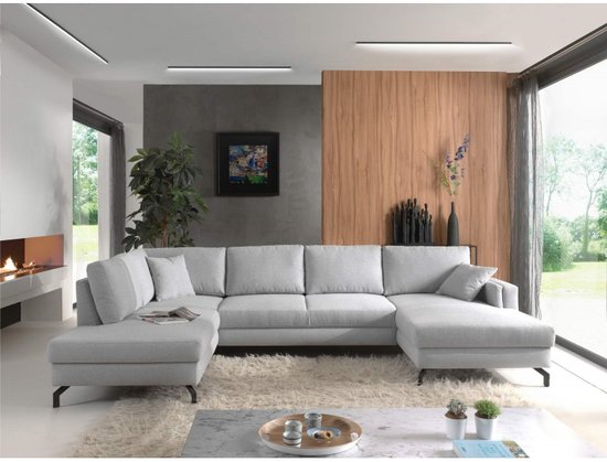 Salon panoramique, canapé en U, canapé d'angle, canapé salon tissu gris clair 348 cm