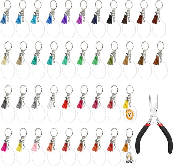 Hobby Porte-clés -clés ronds vierges en Acryl avec pompons et pince à bec plat (lot de 40) - Diamètre du porte-clés 5 cm - Porte-clés rond translucide avec pompons pour passe-temps, projets de vinyle et cadeaux