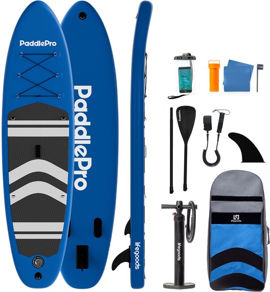 LifeGoods SUP Board - Opblaasbaar Paddle Board - Complete Set - Max. 135KG - 320x81cm - Blauw