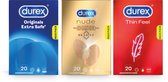Bol.com Durex - 60 stuks Condooms - Extra Safe 1x20 stuks - Nude No Latex 1x20 stuks - Thin Feel 1x20 stuks - Voordeelverpakking aanbieding