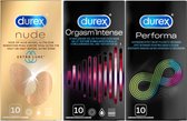 Bol.com Durex - 30 Condooms - Performa 10st - Nude Extra Lube 10st - Orgasm Intense 10st aanbieding