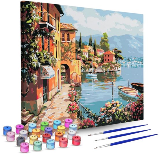 Rubye® Schilderen Op Nummer Volwassenen – Italiaanse Kust – Inclusief Verf en Penselen – Canvas Schildersdoek – Kleuren op Nummer – 40x50cm