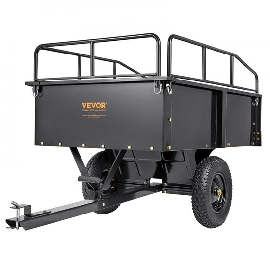 Zware zitmaaier kipwagen met 340 kg laadvermogen, trekhaak met kantelbare laadruimte, aanhanger met opklapbare zijwanden, zwarte ATV UTV kipwagen aanhanger