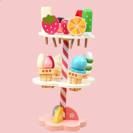 [OP=OP | Verpakking beschadigd] Houten Speelgoed ijsjes en snoepje set- 11 stuks - Met Houten Straberry Stand - Speelgoed eten en drinken - Rollenspel - kinderen - 3 jaar - Gift - Cadeau