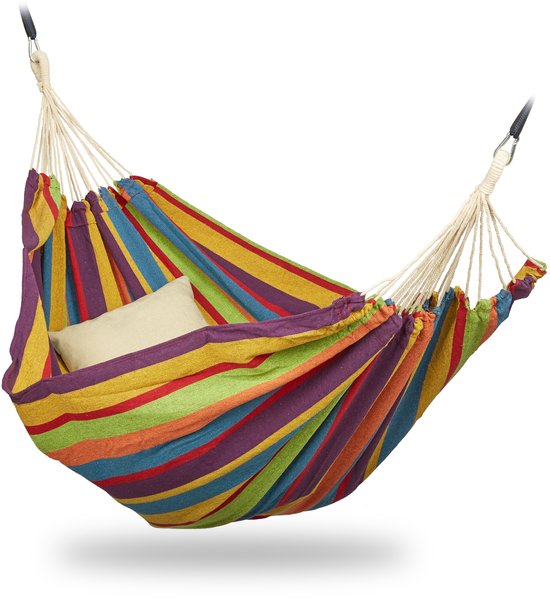 Relaxdays 2 persoons hangmat - tot 300 kg - tweepersoons - buiten - katoen - opbergtas - geel/groen/blauw/rood