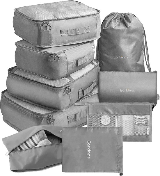 Earkings Packing Cubes Koffer Organizer Set - 9-Delige Kleding Organizer Compression Cube - Bagage Organizers voor Backpack en Koffer - Grijs