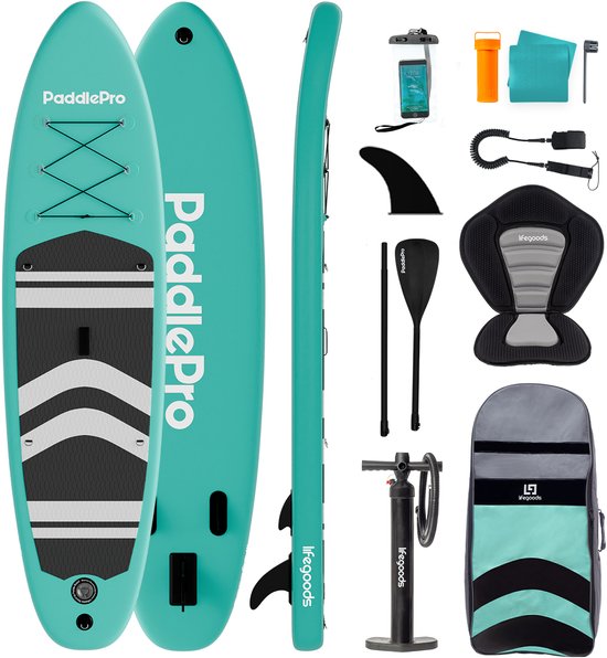 LifeGoods SUP Board - met Zitje - Opblaasbaar Paddle Board - Complete Set - Max. 135KG - 320x81cm - Mintgroen/Zwart