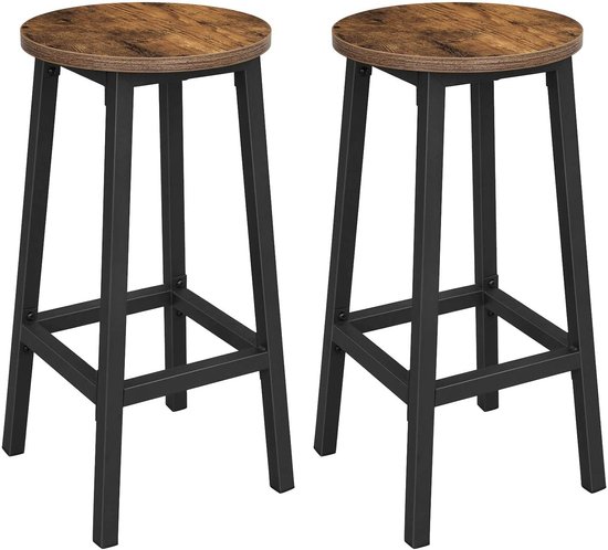 Tabouret de bar VASAGLE, lot de 2 chaises de bar, chaises de cuisine avec structure en acier robuste, hauteur 65 cm, rond, facile à assembler, style industriel, vintage marron-noir LBC32X