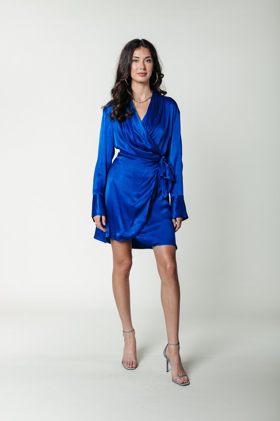 Colourful Rebel Dorin Uni Satin Mini Wrap Dress Jurken Dames - Kleedje - Rok - Jurk - Blauw - Maat XS