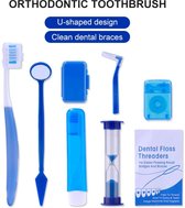 8 Stuks Orthodontische Set – Tandenborstel, Rager, Flossdraad, Spiegeltje, Zandloper, Opvouwbare Tandenborstel – Blauw